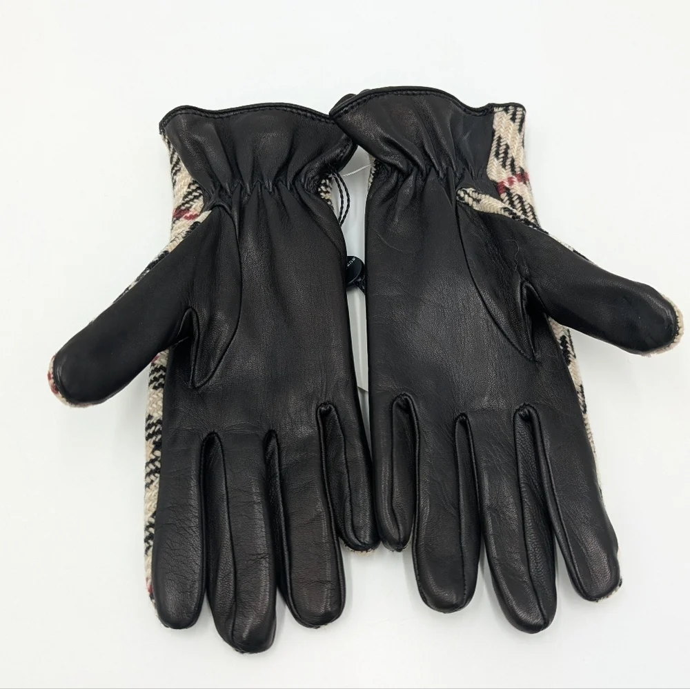 Burberry Lambswool Leather Gloves Black 7.5 Authentic Winter Luxury Women's NWT